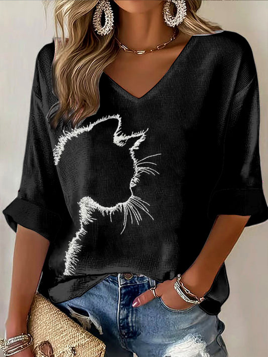 Gato masculino bordado impressão preta Casual V-Neck manga comprida