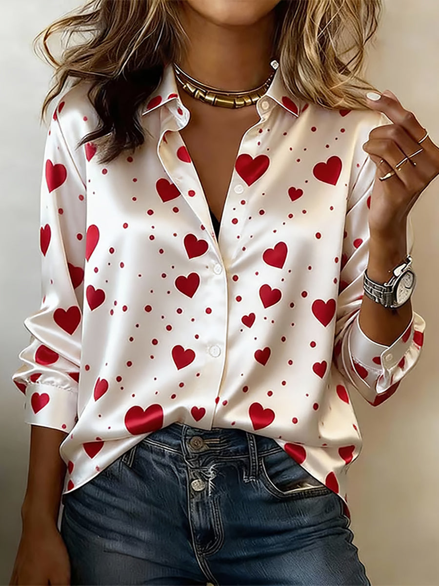 Camisa Casual estampada de coração feminina
