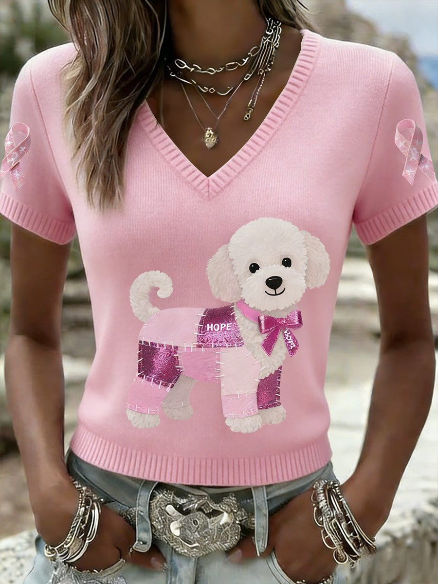 Consciência do câncer de mama Retro bonito do filhote feminino Casual manga curta malha camiseta