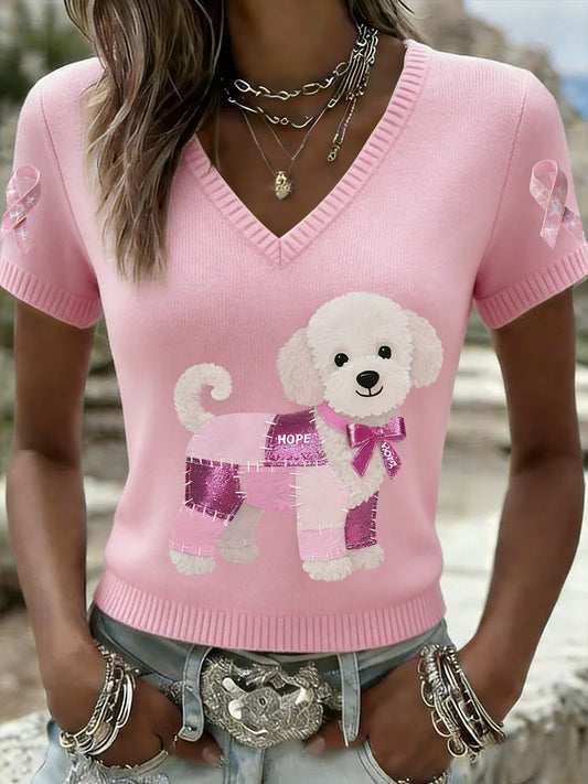 Consciência do câncer de mama Retro bonito do filhote feminino Casual manga curta malha camiseta