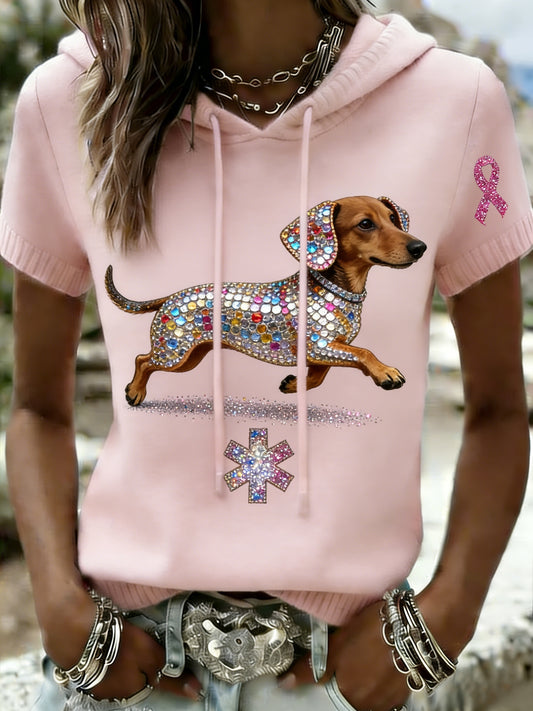 Retro Dachshund mama câncer consciência das mulheres Casual manga curta malha t-shirt