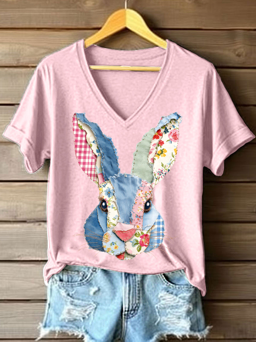 T-shirt bonito do coelho Patchwork padrão v-Neck feminino