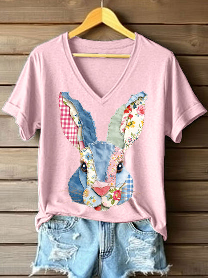 T-shirt bonito do coelho Patchwork padrão v-Neck feminino