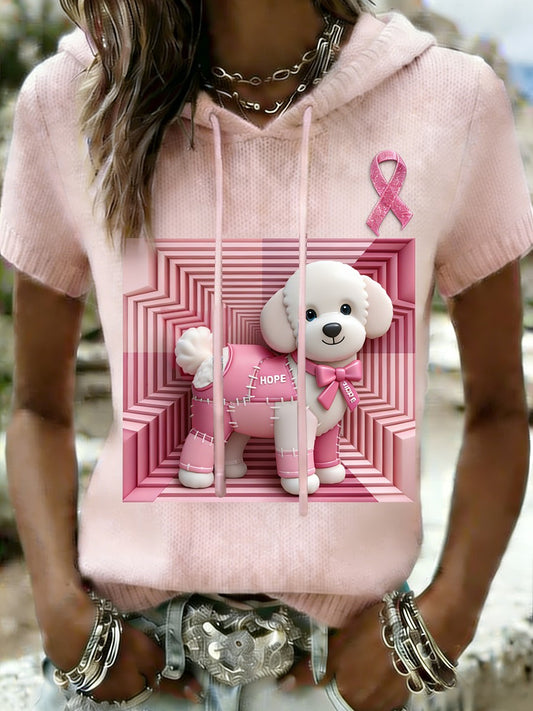 Consciência do câncer de mama Retro bonito do filhote feminino Casual manga curta malha camiseta