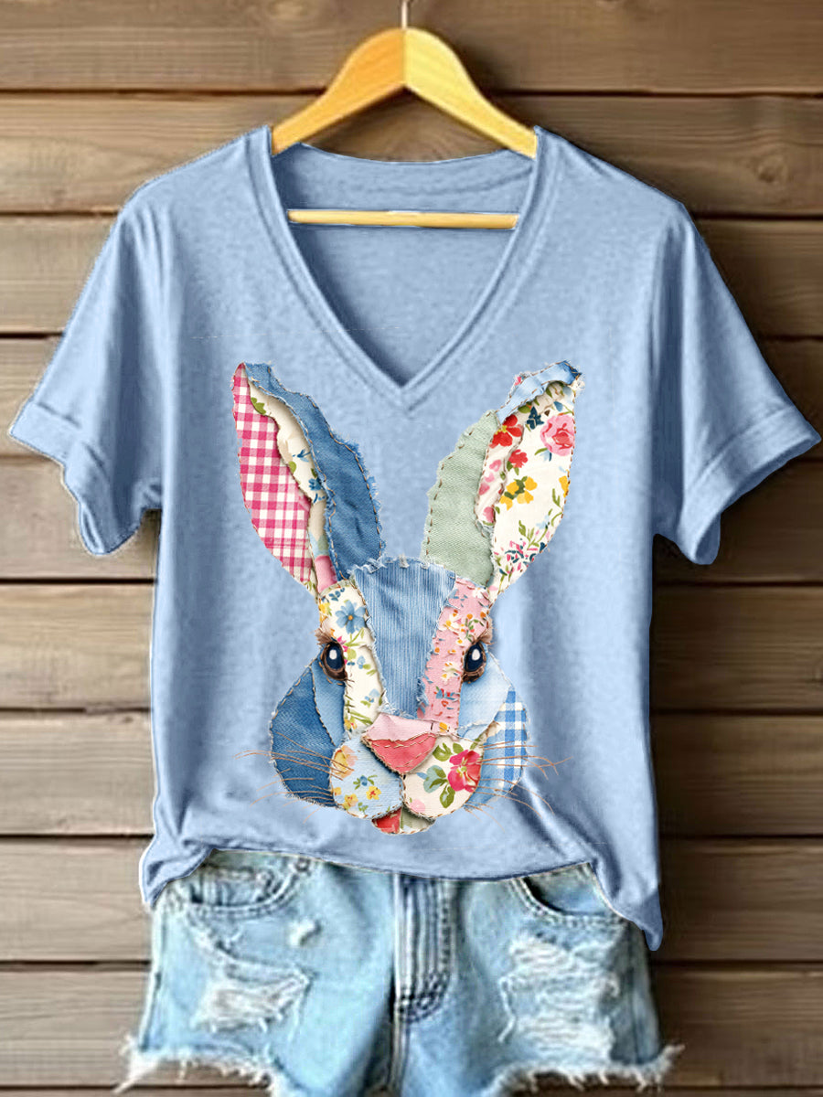 T-shirt bonito do coelho Patchwork padrão v-Neck feminino
