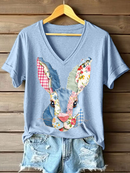 T-shirt bonito do coelho Patchwork padrão v-Neck feminino
