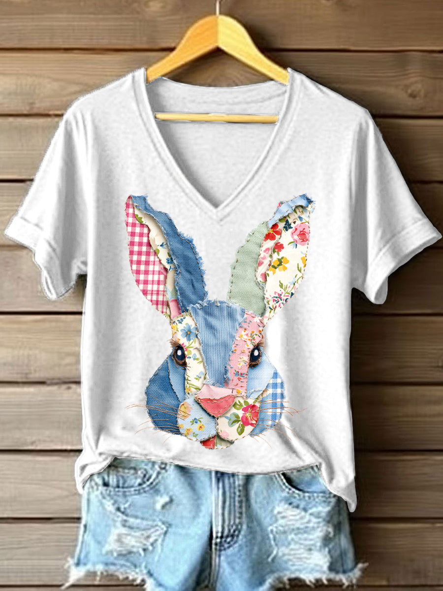 T-shirt bonito do coelho Patchwork padrão v-Neck feminino