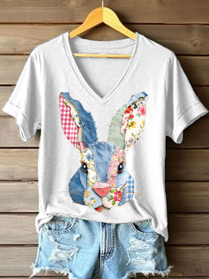T-shirt bonito do coelho Patchwork padrão v-Neck feminino