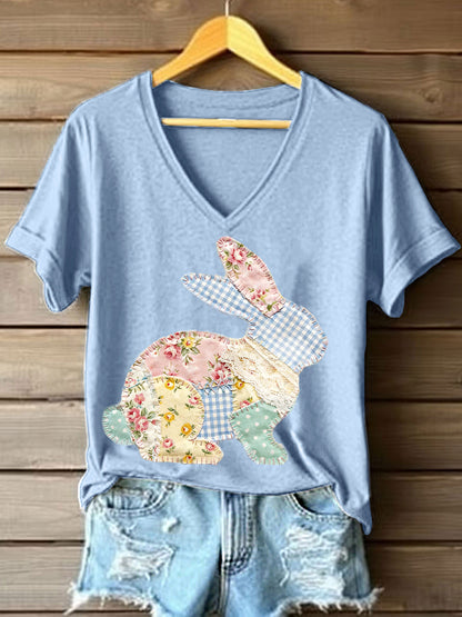 T-shirt bonito do coelho Patchwork padrão v-Neck feminino