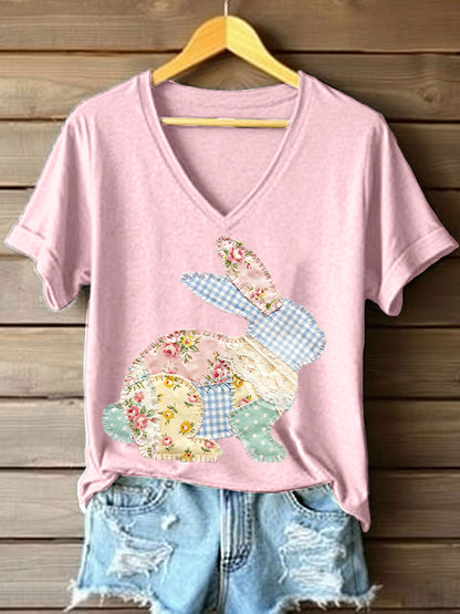 T-shirt bonito do coelho Patchwork padrão v-Neck feminino