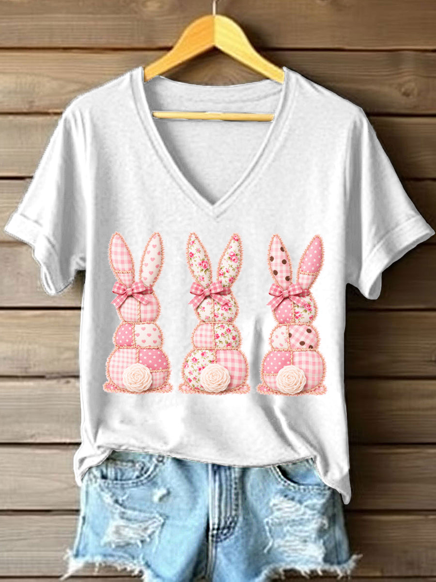 T-shirt bonito do coelho Patchwork padrão v-Neck feminino