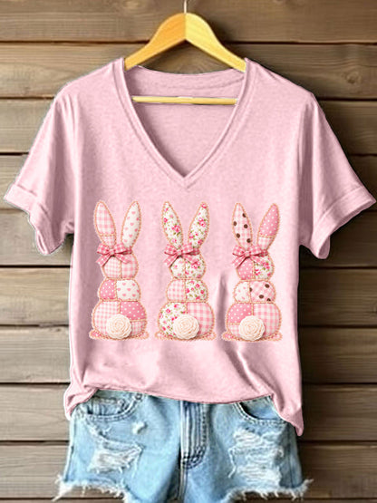 T-shirt bonito do coelho Patchwork padrão v-Neck feminino