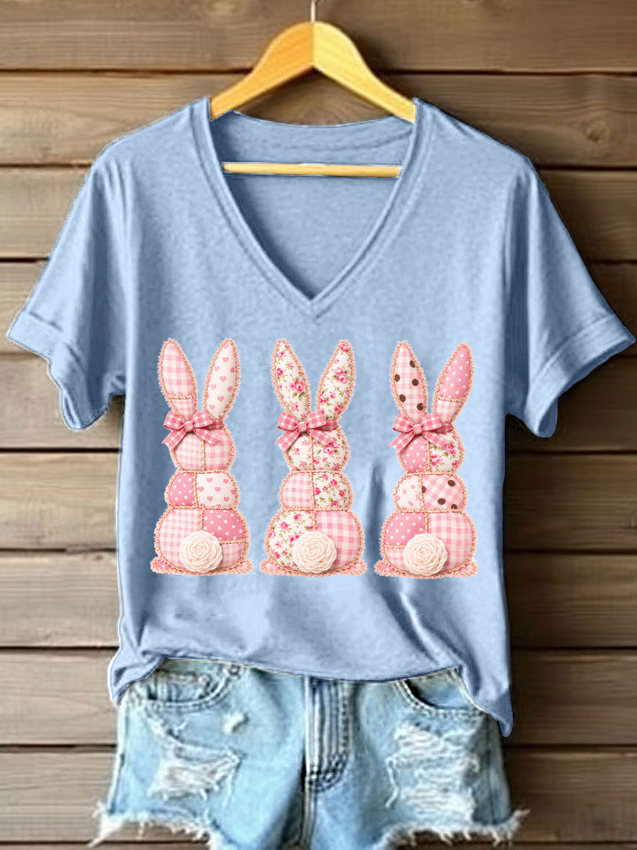 T-shirt bonito do coelho Patchwork padrão v-Neck feminino