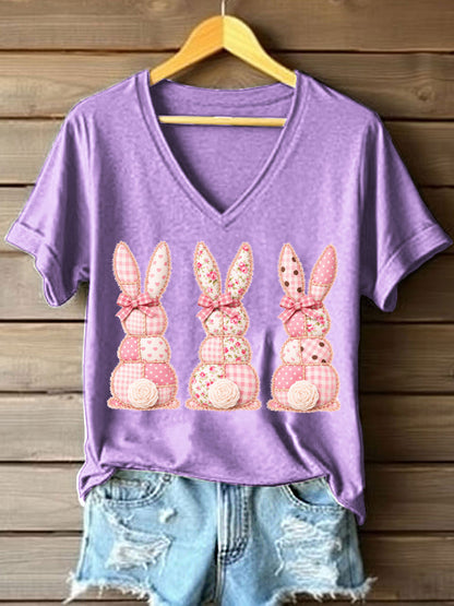 T-shirt bonito do coelho Patchwork padrão v-Neck feminino
