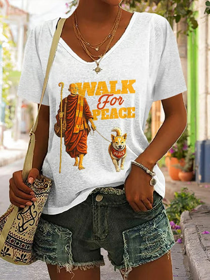 Caminhada das mulheres para a paz Monges com cão Aloka Impresso V-neck T-shirt