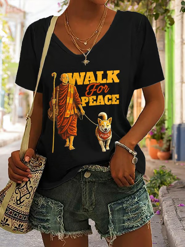 Caminhada das mulheres para a paz Monges com cão Aloka Impresso V-neck T-shirt