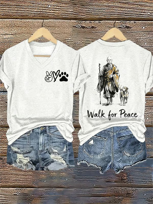 Caminhada Retro Das Mulheres Para A Paz Monges Com Cão Aloka Impresso T-shirt Decote Em V