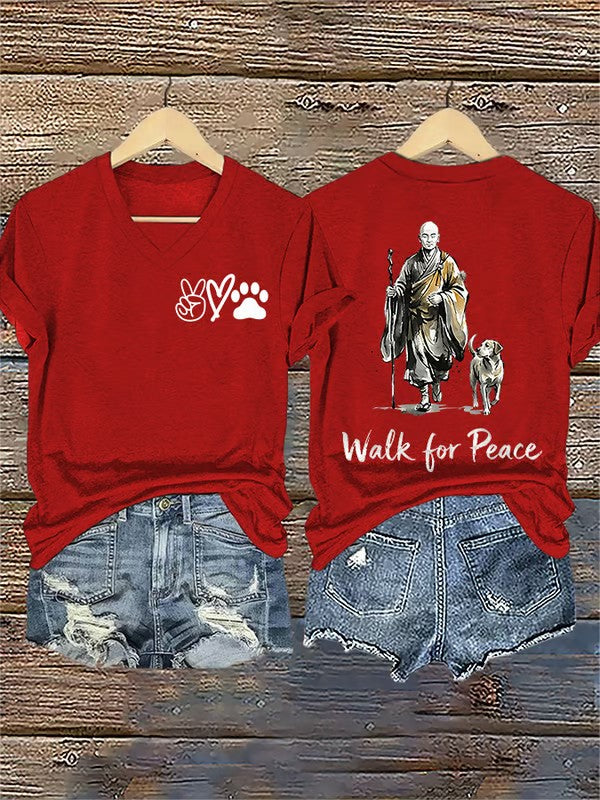 Caminhada Retro Das Mulheres Para A Paz Monges Com Cão Aloka Impresso T-shirt Decote Em V