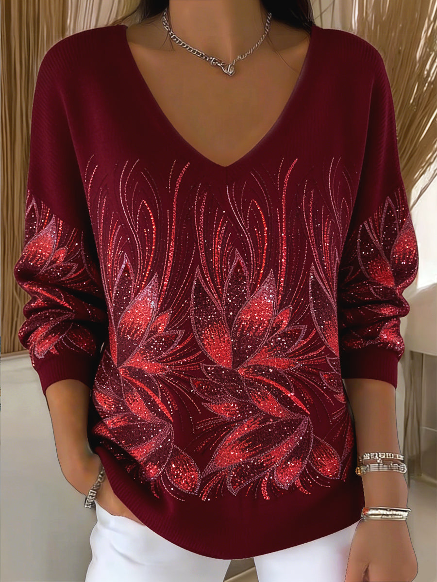Deep Red Glitter Floral impressão Casual V-Neck camisola feminina