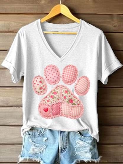 Patchwork rosa pata padrão t-shirt v-Neck feminino