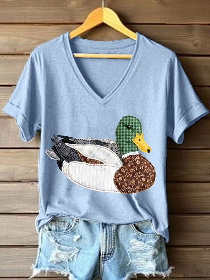 Patchwork Vintage pato Mallard padrão t-shirt v-Neck feminino