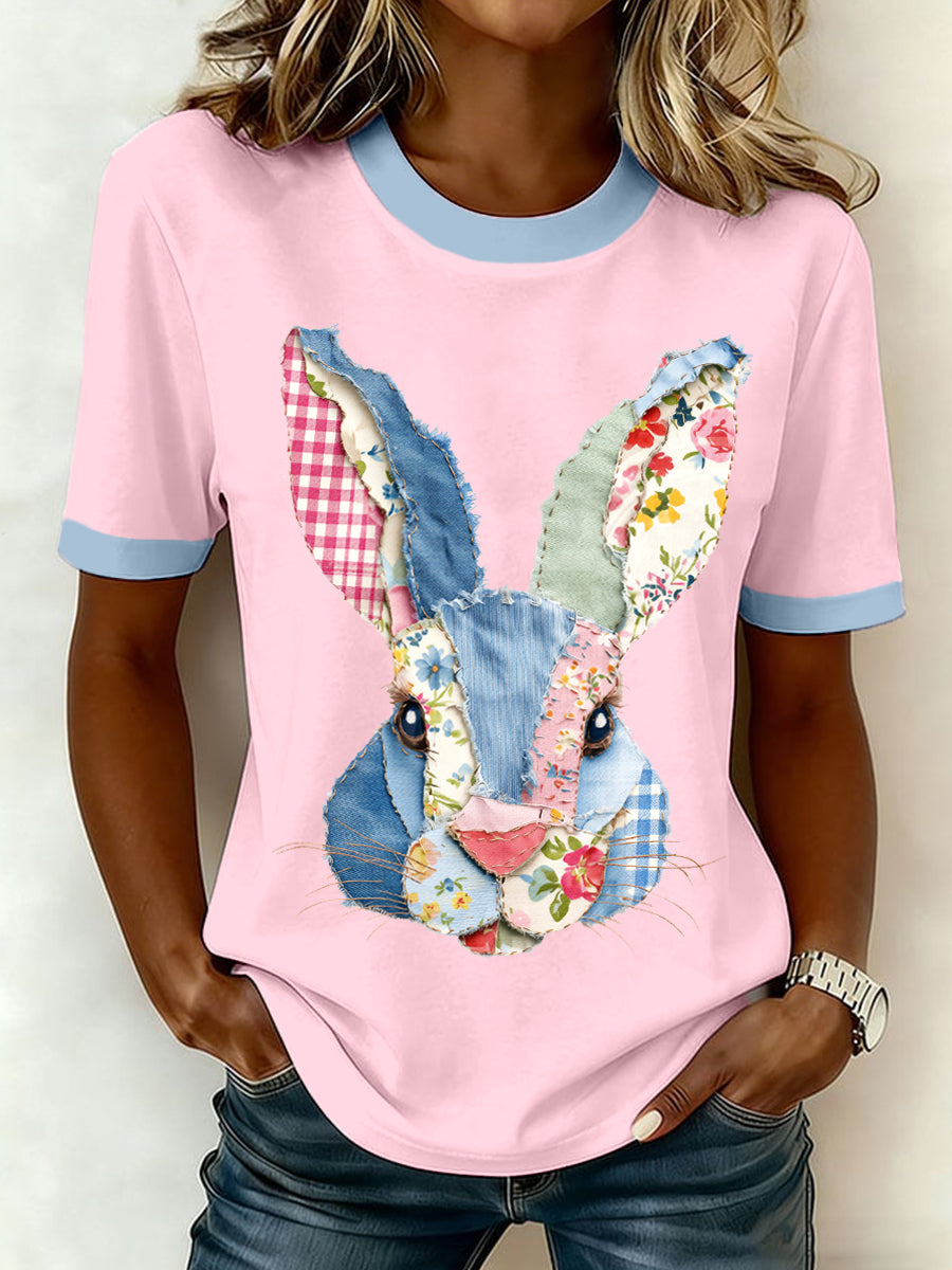 Patchwork Art Coelho Padrão T-shirt das mulheres