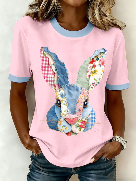 Patchwork Art Coelho Padrão T-shirt das mulheres