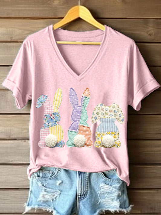 Patchwork arte coelho padrão v-Neck t-shirt do mulheres
