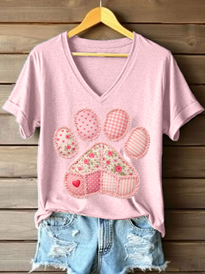 Patchwork rosa pata padrão t-shirt v-Neck feminino