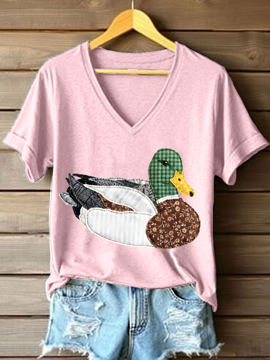 Patchwork Vintage pato Mallard padrão t-shirt v-Neck feminino
