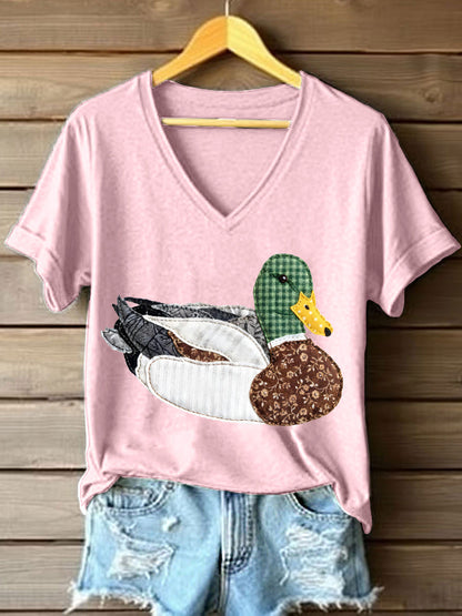 Patchwork Vintage pato Mallard padrão t-shirt v-Neck feminino