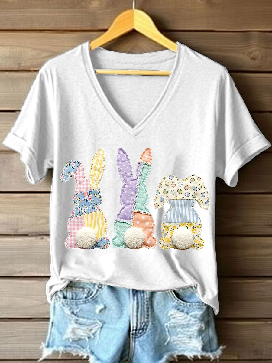 Patchwork arte coelho padrão v-Neck t-shirt do mulheres