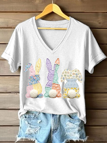 Patchwork arte coelho padrão v-Neck t-shirt do mulheres