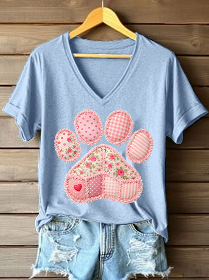 Patchwork rosa pata padrão t-shirt v-Neck feminino