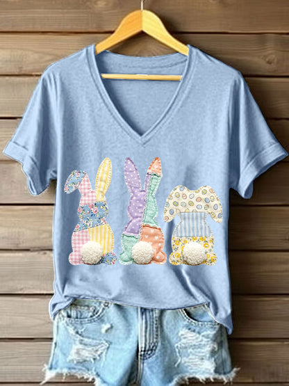 Patchwork arte coelho padrão v-Neck t-shirt do mulheres