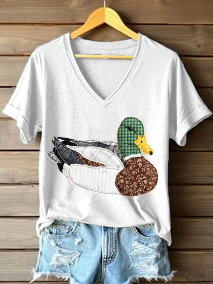 Patchwork Vintage pato Mallard padrão t-shirt v-Neck feminino