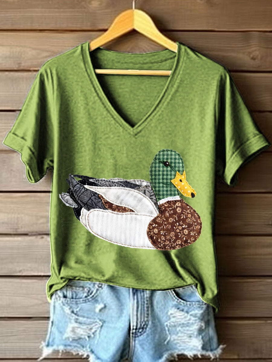 Patchwork Vintage pato Mallard padrão t-shirt v-Neck feminino