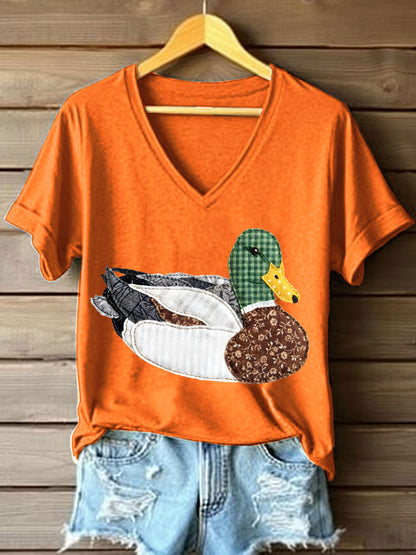 Patchwork Vintage pato Mallard padrão t-shirt v-Neck feminino