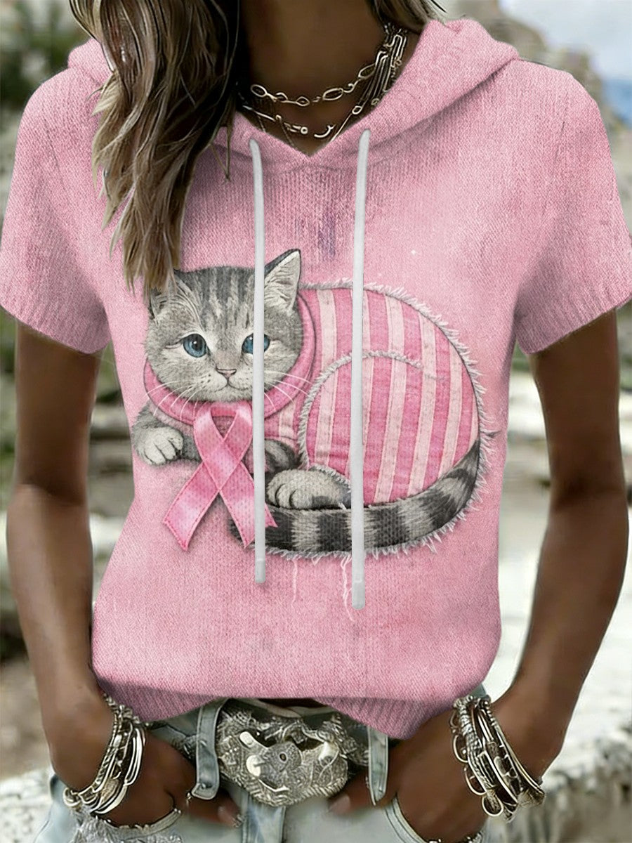 Consciência do câncer de mama gato bonito retro feminino Casual manga curta camiseta