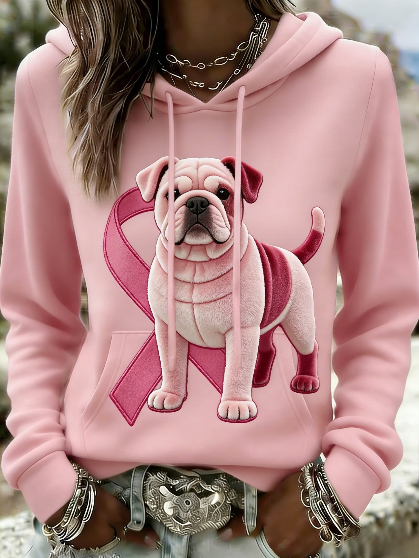 Consciência Retro Bulldog câncer de mama feminino Casual moletom com capuz