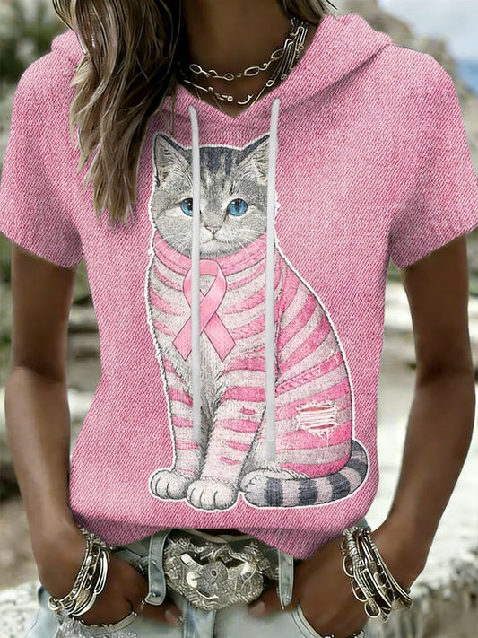 Consciência do câncer de mama gato bonito retro feminino Casual manga curta camiseta