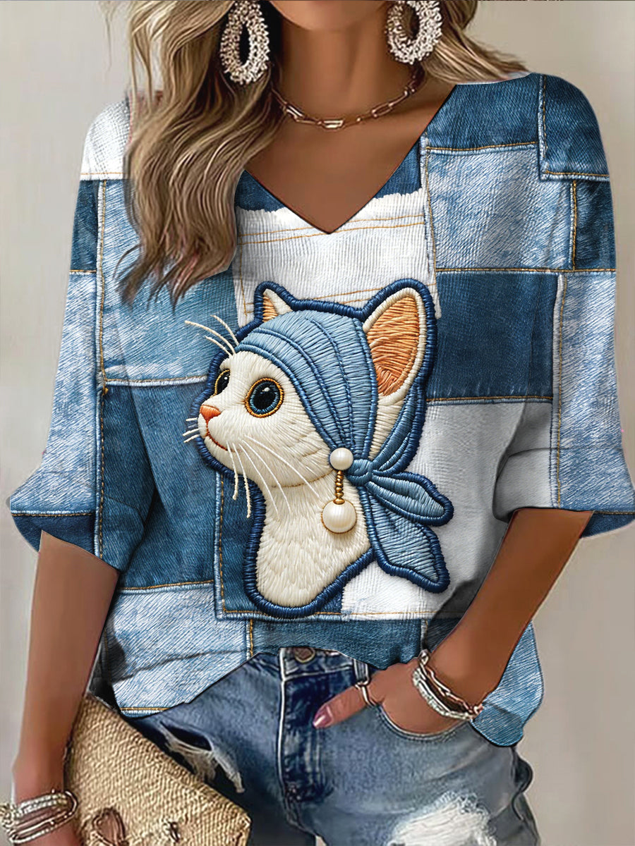Gato bonito do mulheres imprimir Denim Patchwork v-Neck Top