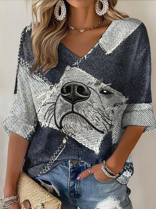 Cão bonito Denim Patchwork impressão moda V-Neck manga comprida das mulheres