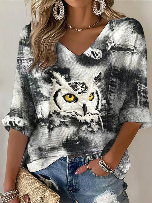 Coruja impressão Denim Patchwork Vintage v-Neck Top feminino