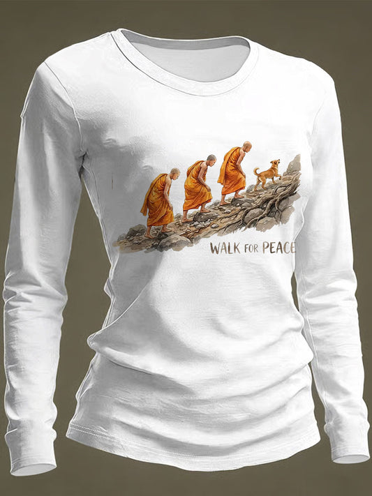 Camiseta de manga comprida casual estampada Camiseta para a paz das mulheres