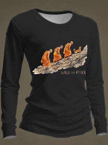 Camiseta de manga comprida casual estampada Camiseta para a paz das mulheres