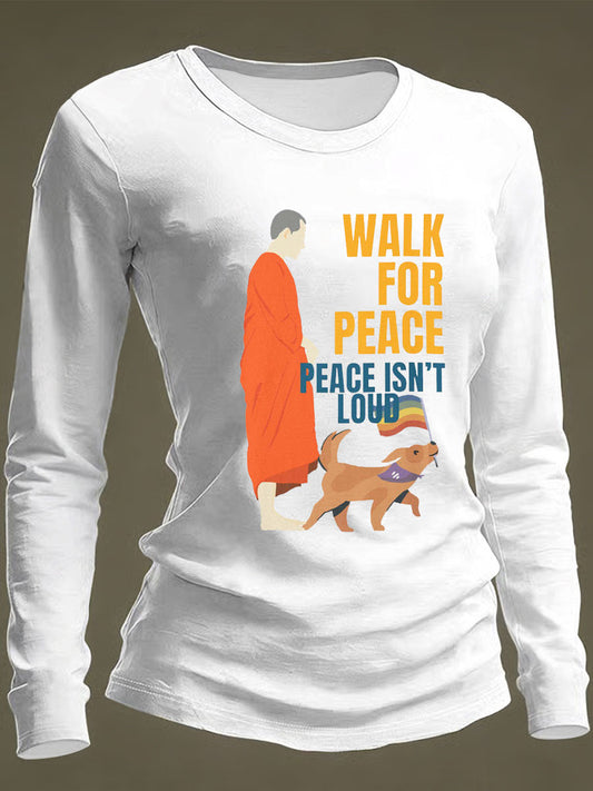 Camiseta de manga comprida casual estampada Camiseta para a paz das mulheres