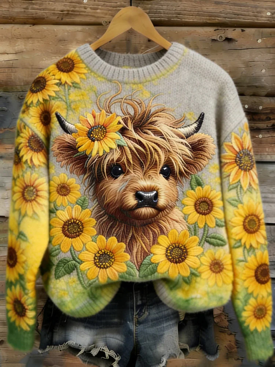 Engraçado Highland vaca Floral arte camisola aconchegante das mulheres