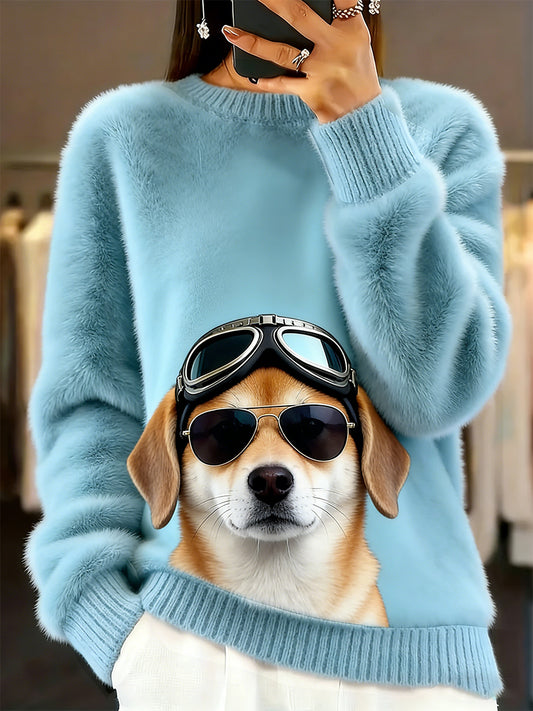 Arte animal retro impressão confortável top de flanela feminino