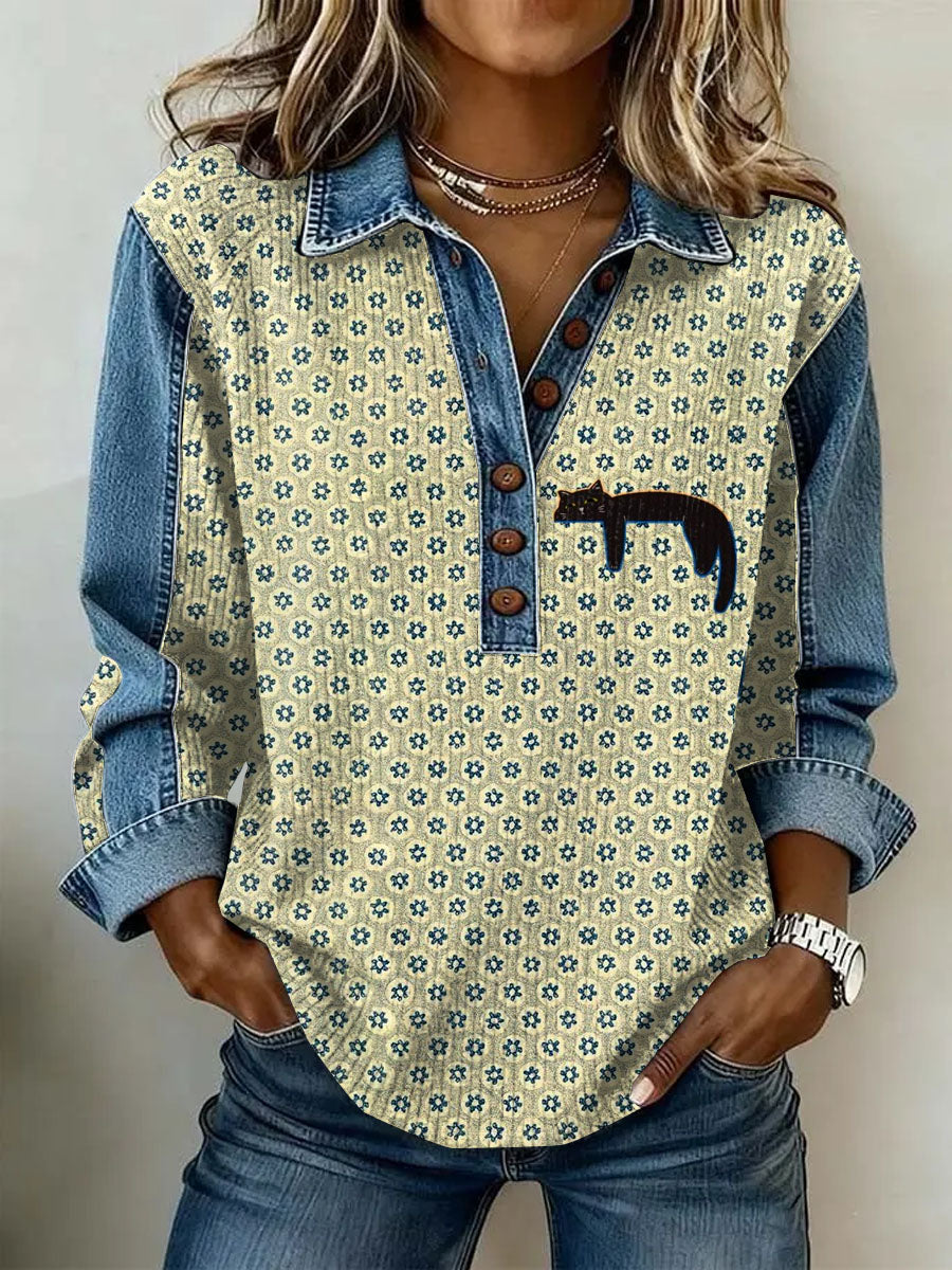 Gato Retro feminino Imprimir Casual Top de manga comprida